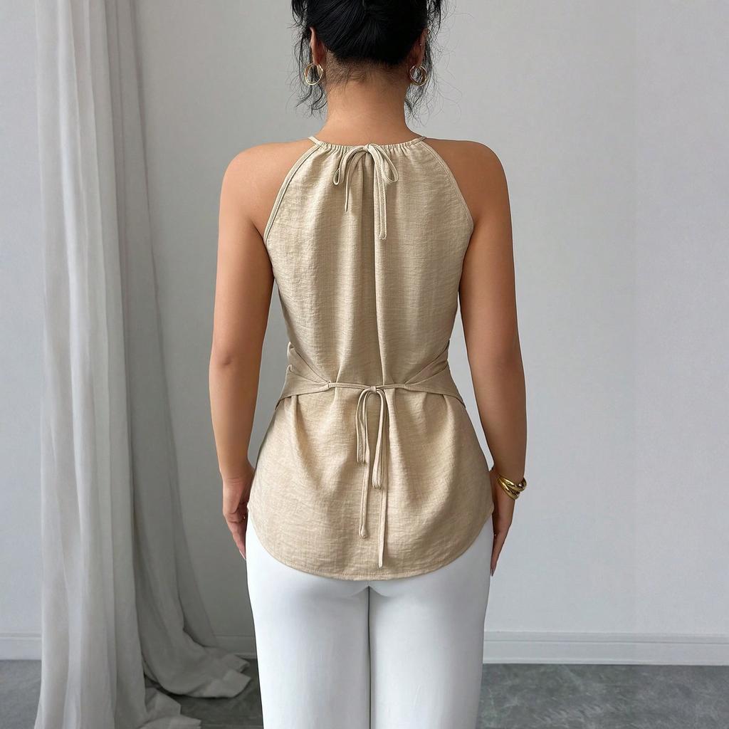 Sleeveless Halter Neck Waist Tie Short Top for Women Summer Casual Blouse Lightweight Soft Fabric Stylish Fit