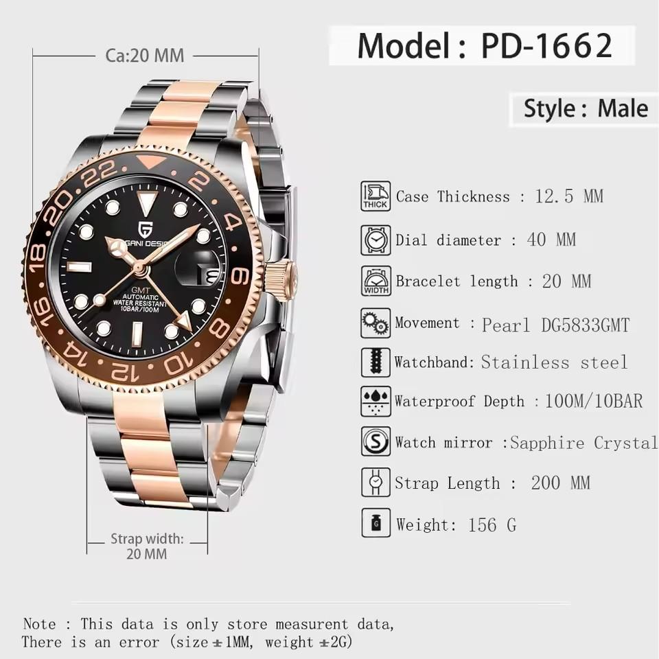 PAGANI DESIGN 40MM Ny GMT Ölrot Lyxiga Mekaniska Herrklockor Safirglas 100M Vattentäta Automatiska Klockor för Män present