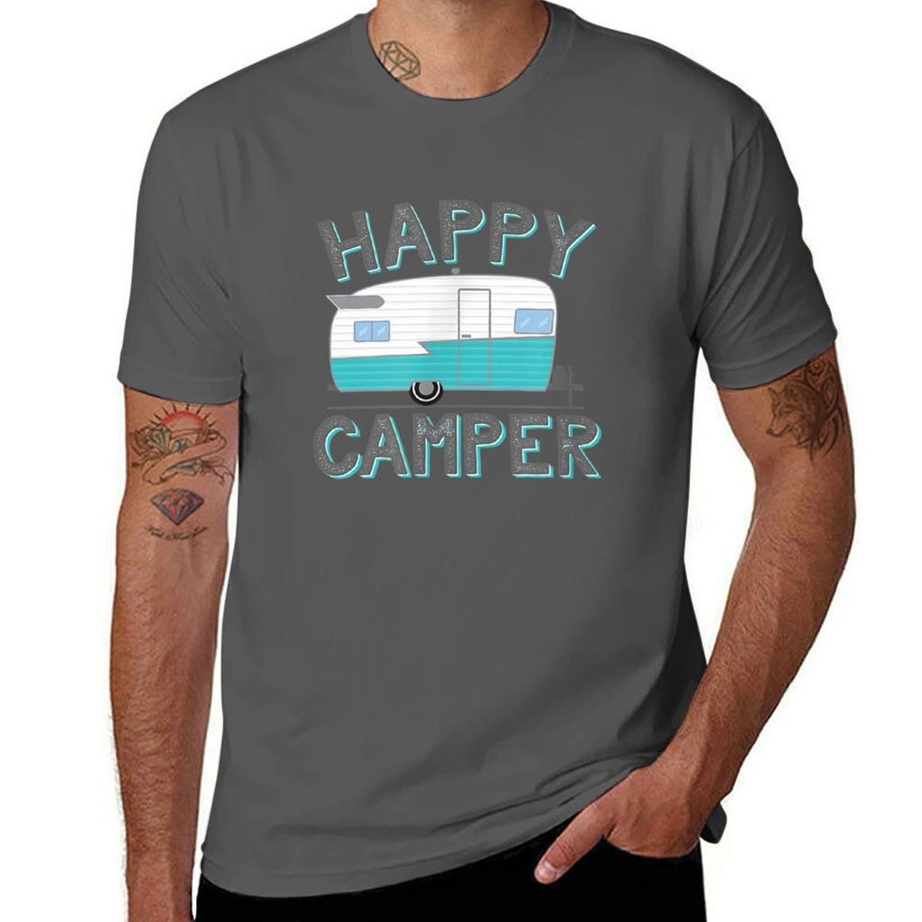 Happy Camper Vintage Shasta Trailer Tshirt Breathable Gym Short Sleeve Tshirt