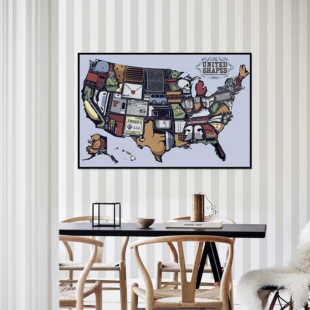 English Language-Abstract Art Map-United States,Frameless Wall Hanging Decor,Geographical Tool,Tourism/education Tool