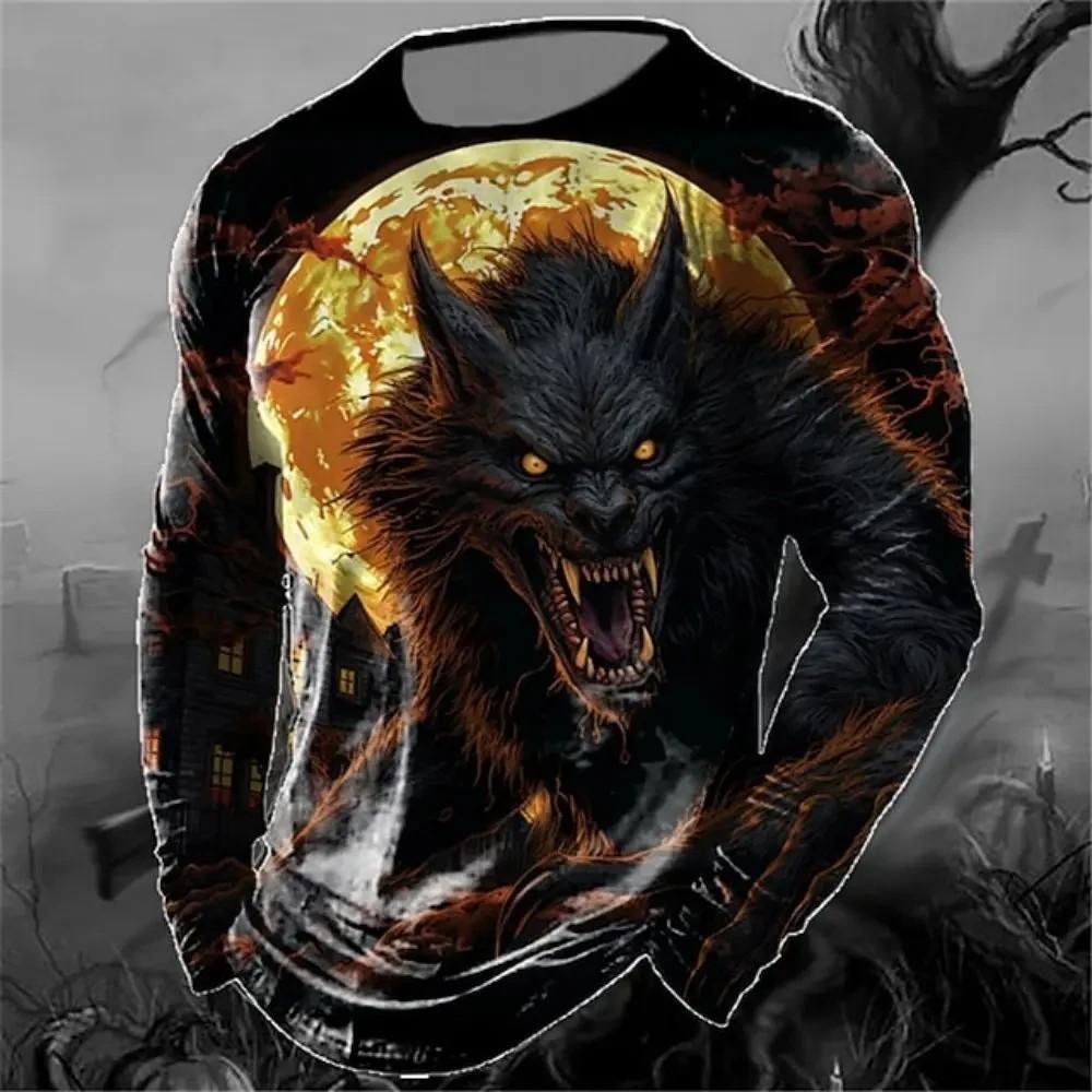 Men's Spring And Autumn Personality Retro Animal Wolf 3d Printed Round Neck Long Sleeve T-Shirt Casual Loose Breathable Jumper