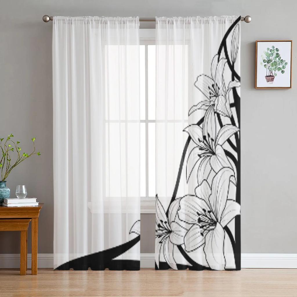 Florale abstrakte schwarz-weiße Tüllvorhänge für Wohnzimmer, durchsichtiger Vorhang, Schlafzimmer, Schleier, Organza, dekorative Fensterdekorationen