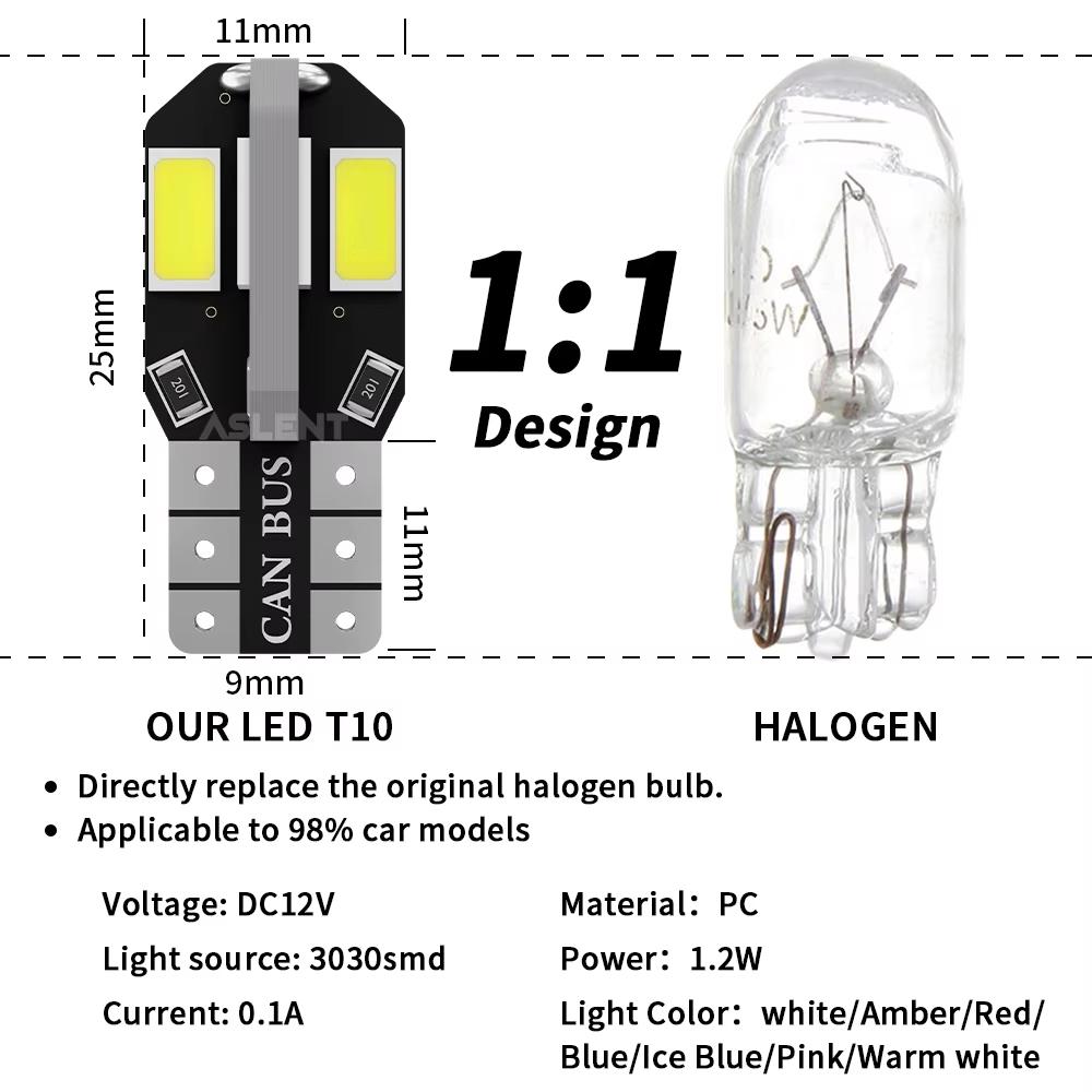 T10 W5W Led Canbus No Error Car Interior Side Light 5W5 12V 5W Auto License Plate Lamp Bulb Dome Read Light White Blue Red Amber