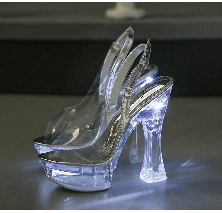 10365-serien 14 cm hæl 4 cm plattform 43 høy nattklubb tykk hæl høye hæler klare hæler Sexy krystallsandaler LFD