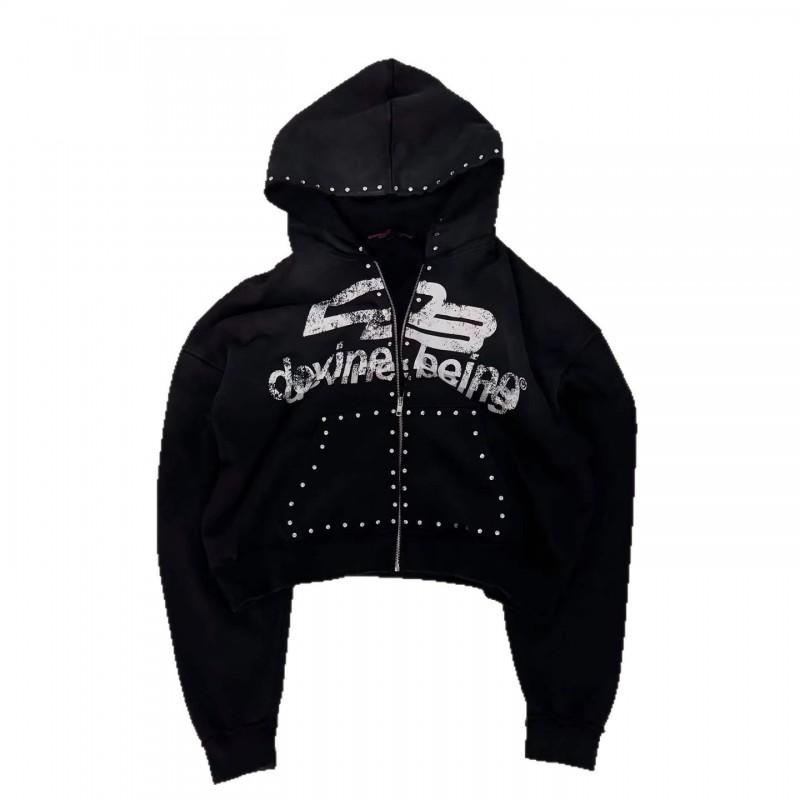 2026 Vintage Y2K Zip Hoodie Teens Loose Fit Letter Print Casual Streetwear