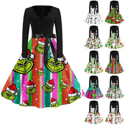 Damenmode V-Ausschnitt Lässig Slim-fit Weihnachts-Print Langarmkleid