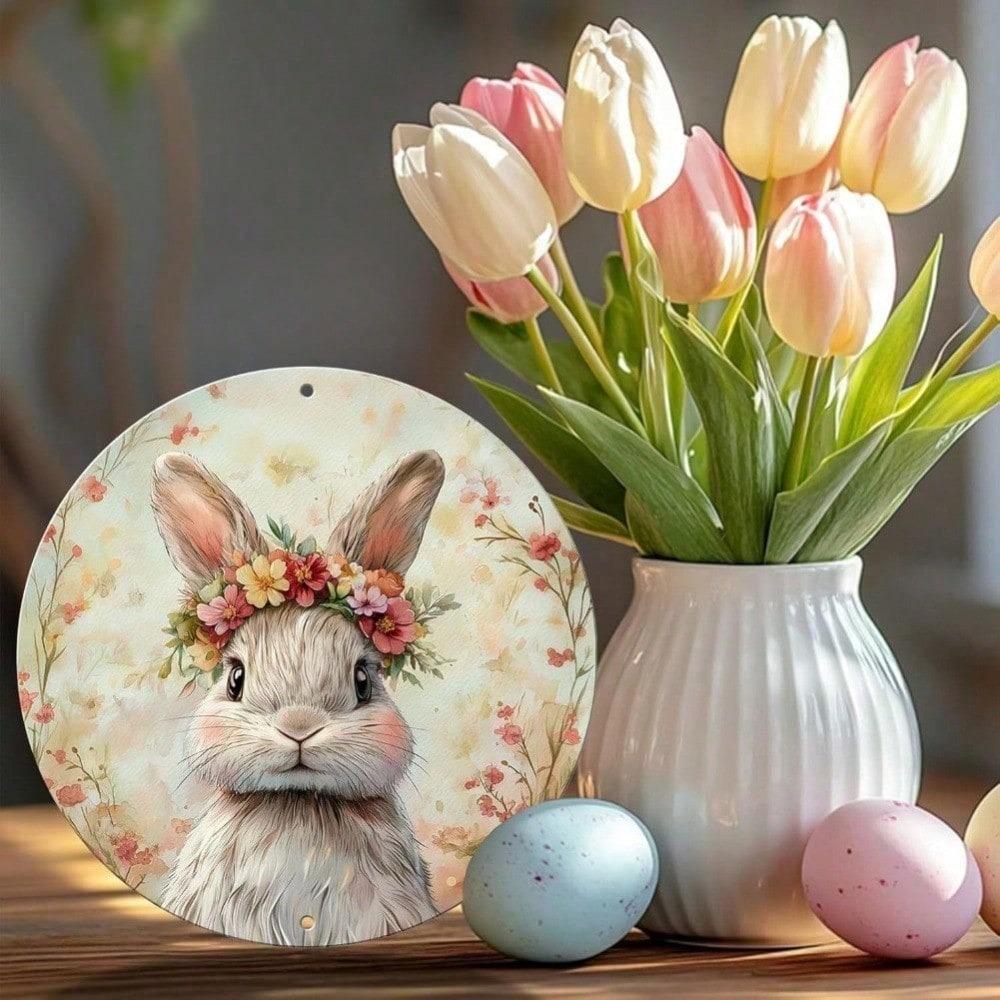 Happy Easter Bunny Rabbit Round Tin Metal Sign Vintage Wall Art Home Decor Gift