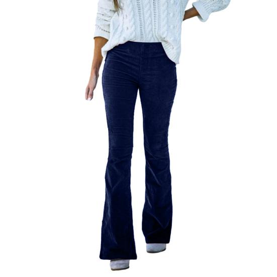 Women Flared Pants Elastic High Waist Solid Color Casual Trousers with Pockets Autumn Winter Long Pants