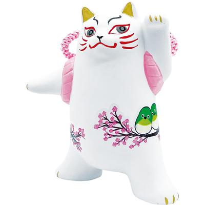Lindo Pájaro de Invierno Herrerillo y Gato 9 x 11 Gato Japonés Hecho en "Gato Kabuki" Adorno de Cola Larga, Aprox.. cm, Regalo, Conserje, Mercancía, Blanco, Japón,