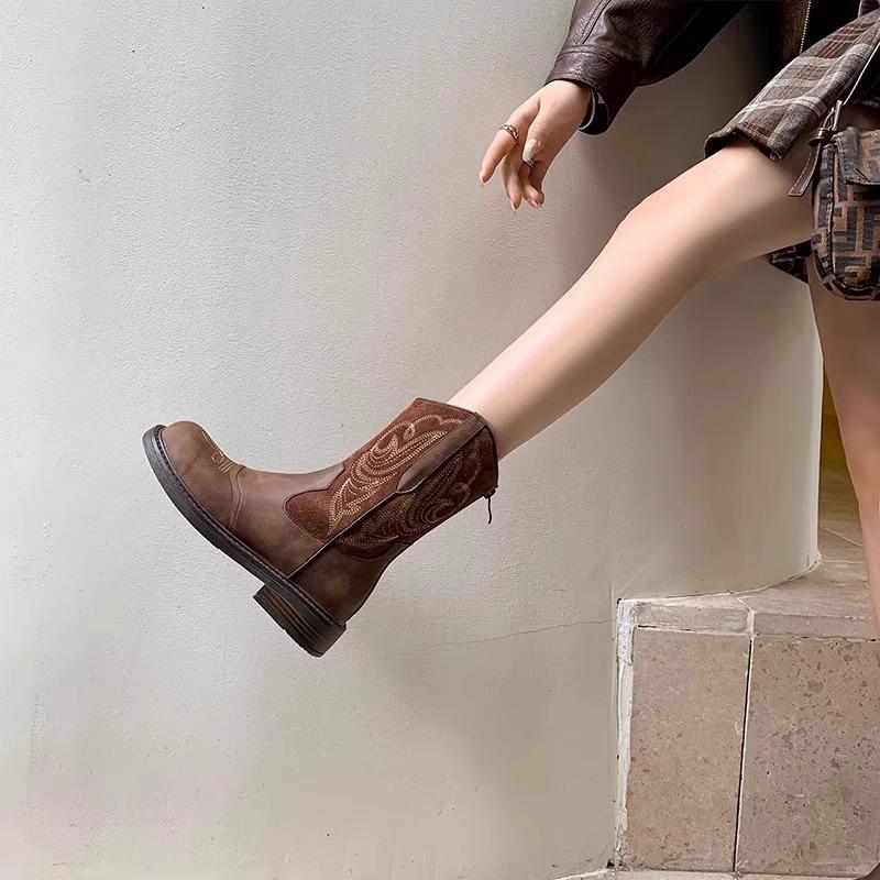 British Style Retro European and American Embroidery Western Cowboy Boots Women's Retro Summer Knight Boots Short Boots Ethnic Style Martin Boots