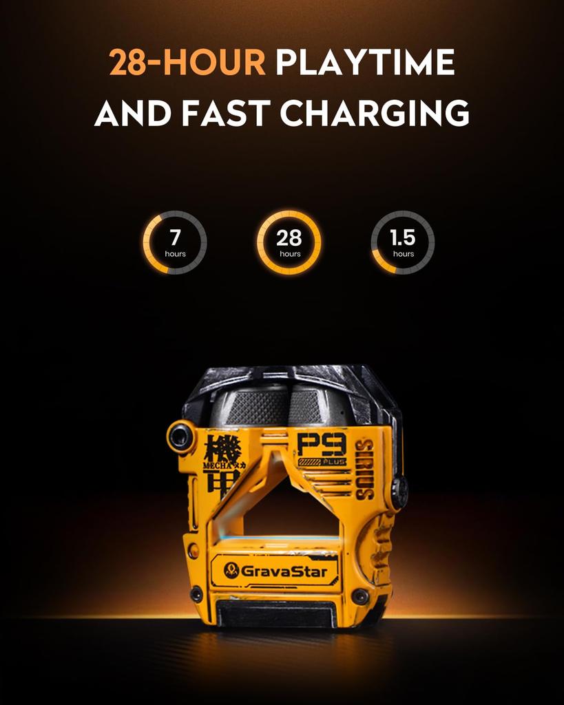 GravaStar Sirius Plus True Wireless Bluetooth ANC Active Noise IPX4 ENC Clear Customizable Weathering Yellow Earbuds, 5.3, Cancelling, 28-Hour