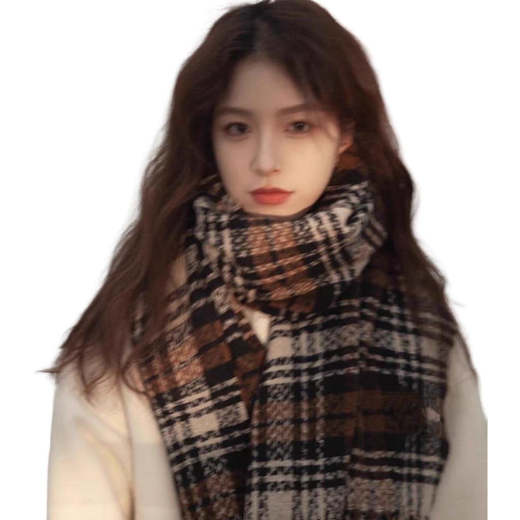 Retro Plaid Scarf Women's Winter New Rose Pink Scarf Autumn and Winter Atmosphere Sense of Advanced Sense of Versatile Tide