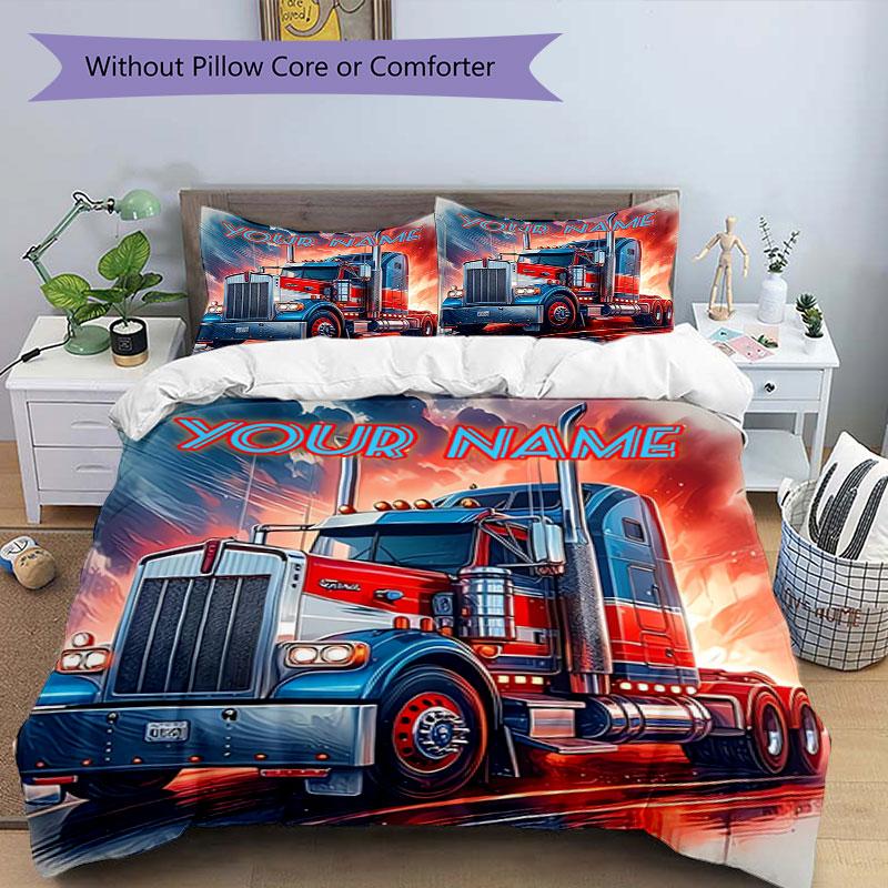 3PC Custom Name Truck Art Poster Bedding Set Duvet Cover Closure Includes 1 Duvet Cover & 2 Pillowcases for Bedroom