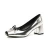 Retro Pig Nose Leather Ballet Shoes Women's Bow Silver Outer Wear Light Mouth Thick Heel Square Head Mary Jane Shoes