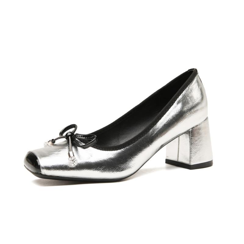 Retro Pig Nose Leather Ballet Shoes Women's Bow Silver Outer Wear Light Mouth Thick Heel Square Head Mary Jane Shoes