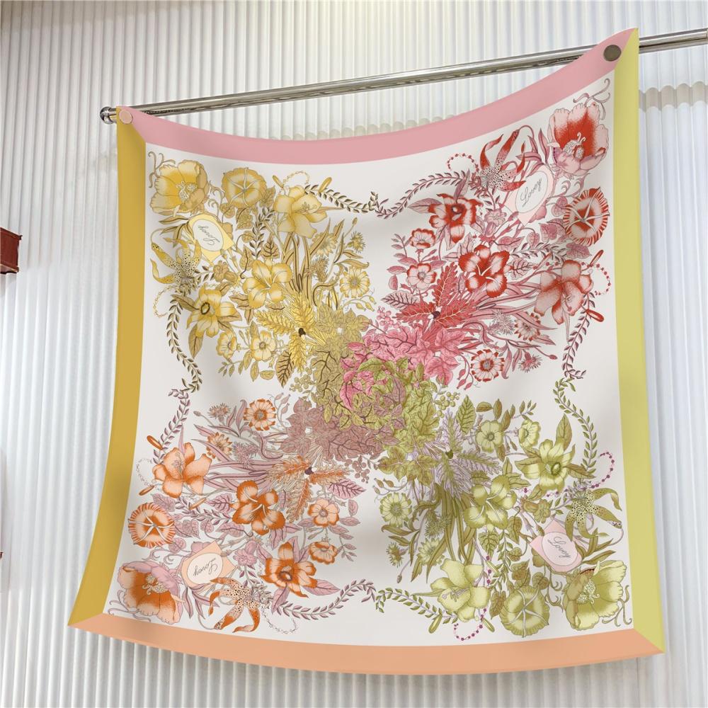 Silk Scarf Women Floral Printed Square Scarves Head Echarpes Silk Foulards Femme Wraps Beach Shawls Bandana Lady Hijabs 90CM