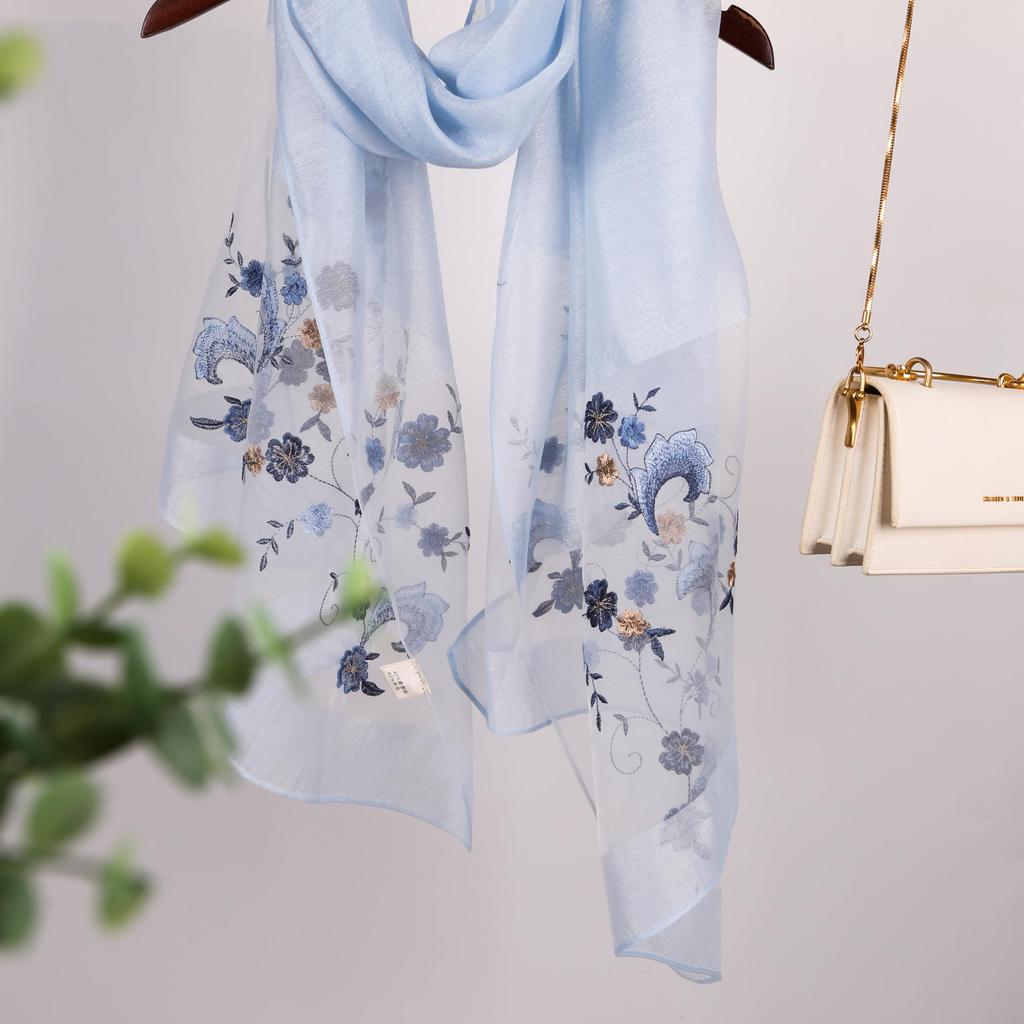 BRMM MIA Large Floral Embroidered Elegant and Perfect for Beach and Sun Protection Ultra-Thin Stole, Scarf, Muffler, Shawl, Silk, Women's,