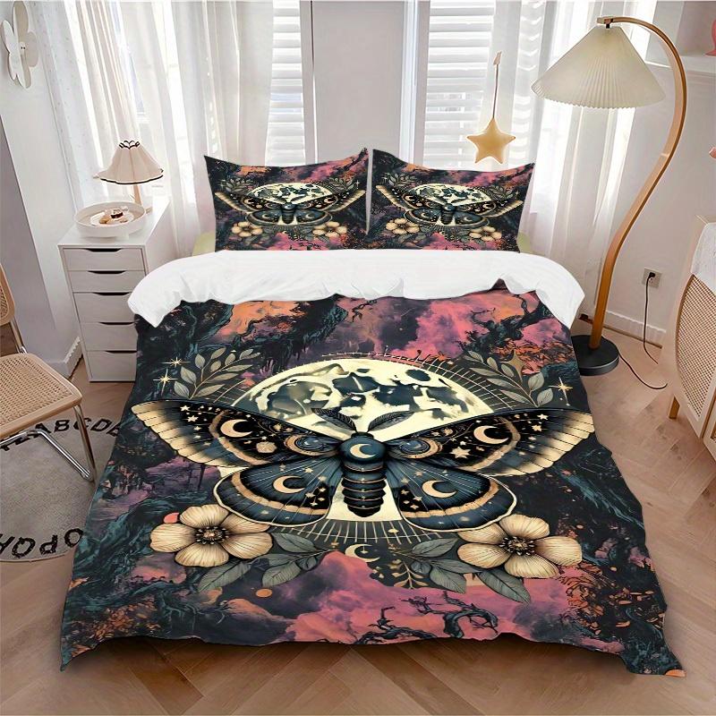 3pcs Celestial Moth Print Bedding Set, Breathable And Soft, Suitable for All Seasons Machine Washable, Suitable for Bedroom Decoration,yy250822161