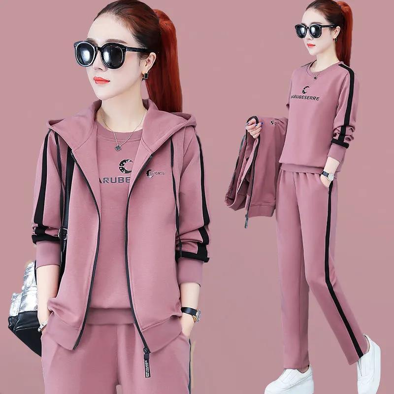 Damen 3-teiliges Set Frühlings- und Herbst-Westen-Outfit Lockerer Trainingsanzug mit Kapuze Hohe Taille Hosenanzüge Gefütterte Sweatshirts