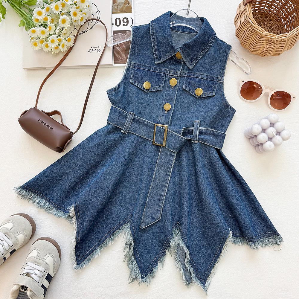 Girls' Trendy Denim Vest Dress: Summer 2026 Waist-Cinched Irregular Frayed Hem Sleeveless Style
