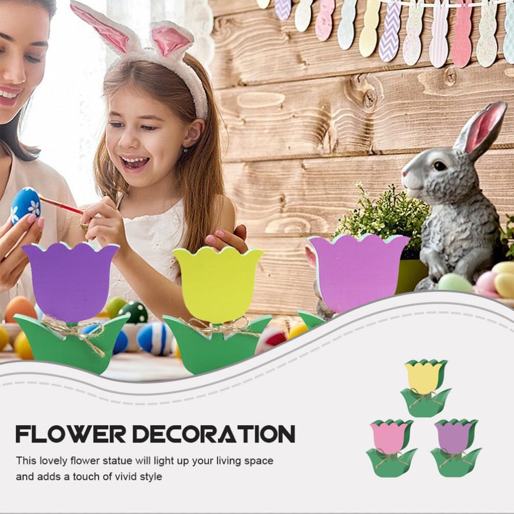 Zerodeko 3pcs Tulip Ornament Adorable Wood Decor for Home Car Interior Cartoon Flower Adornments Pink Yellow Purple Craftsmanship for Vibrant