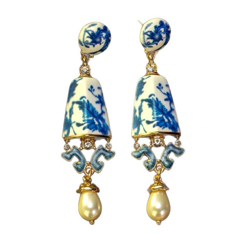 Vintage Blue White Porcelain Drop Earrings Needle Chinese Style Jewelry Women
