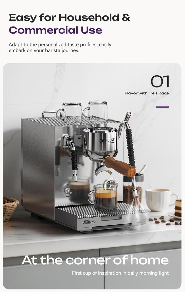 Máquina de Café Espresso Comercial HiBREW H21, Control de Temperatura PID, Sistema de 3 Calderas, Tanque de Agua de 1.8L, Cafetera para Cappuccino Latte