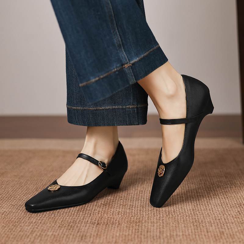 Krazing Pot Microfiber Square Toe Thick Med Heels Spring Summer Shoes Big Size 43 Metal flowers Women Shallow Pumps
