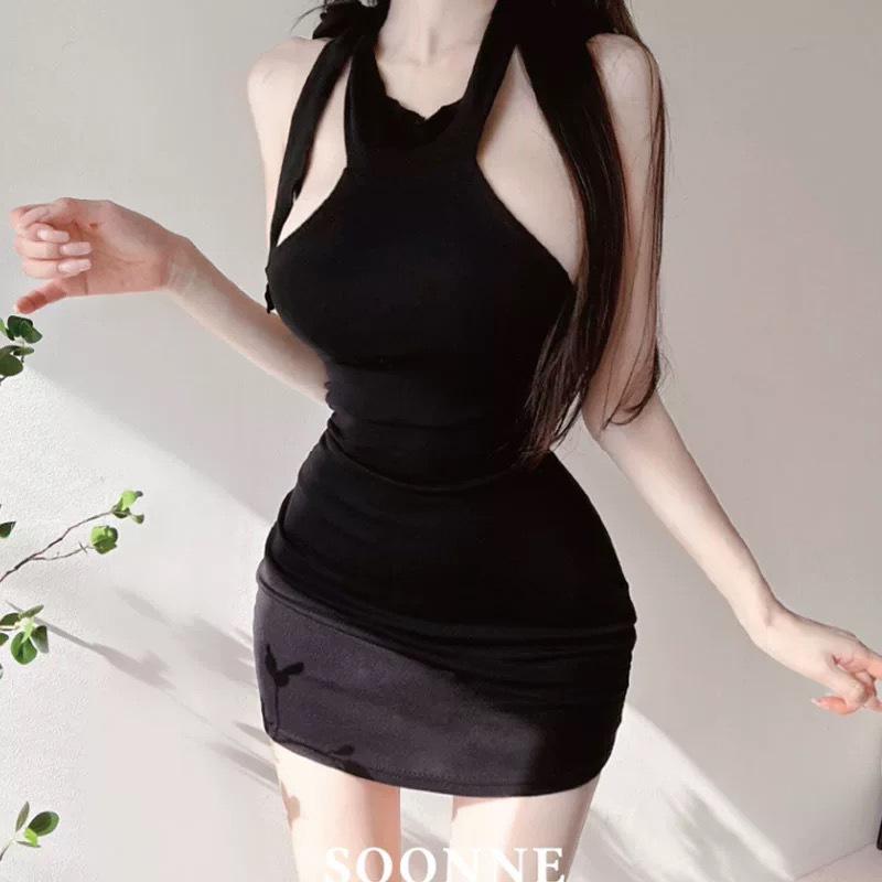 Korean Dongdaemun Halter Tie-Up Bodycon Mini Dress