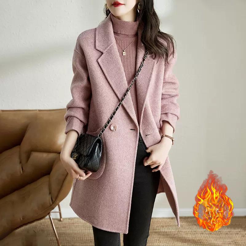 Lila Koreanischer Stil Verdickter Tweed-Mantel Herbst und Winter Aktualisierter Stil Hochwertiger Fischgrätenmuster-Mantel für Damen Mittellang