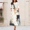 Women Plus Size Keyhole Round Neck 3 4 Sleeve Blue Floral Print Long Maxi Dress