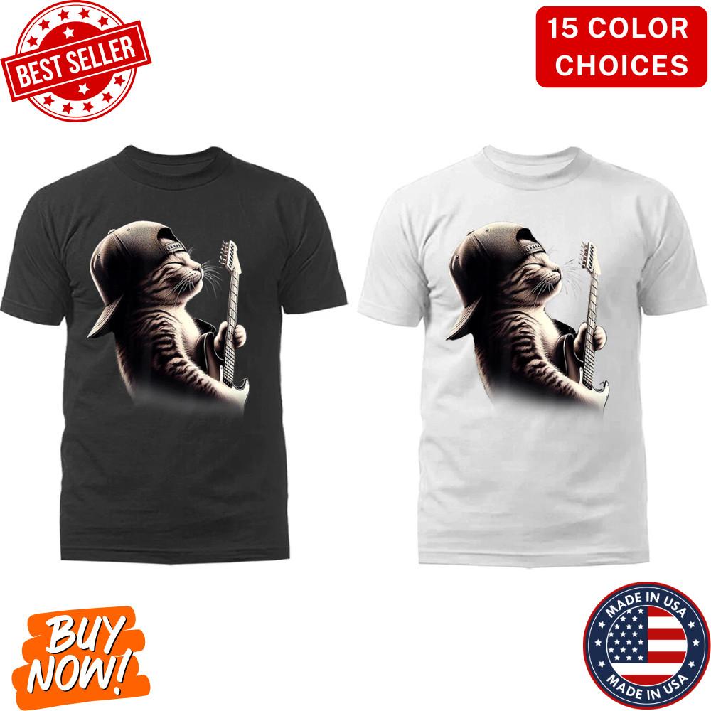 Cat Playing Guitar Rock Music Band Funny Animals Graphic T-shirt Size S-5XL Unisex T-Shirt XXL