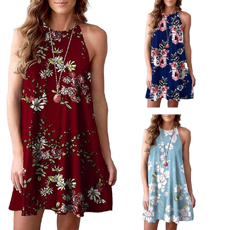Elegant Women Fashion Splicing Color Print Hanging Neck Hem Mini Dress In Premium Quality Materials
