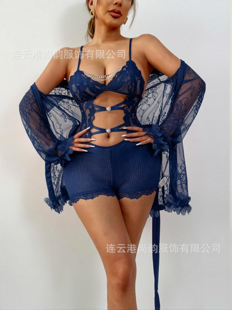 New lingerie feminine cutout lace rhinestone camisole one-piece pajama and robe set