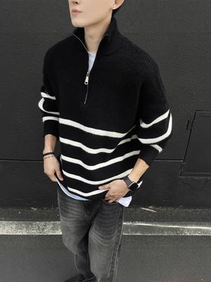 Men's Retro Striped Half-Zip Comfortable Loose Knit Sweater for Autumn and Winter