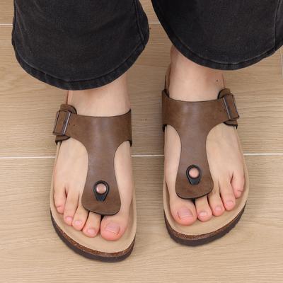 Fashion Shevalues Women's Cork Thong Sandals New Casual Leather Flip Flops Summer Unisex Cork Footbed Slippers Men Beach Vacation Slides