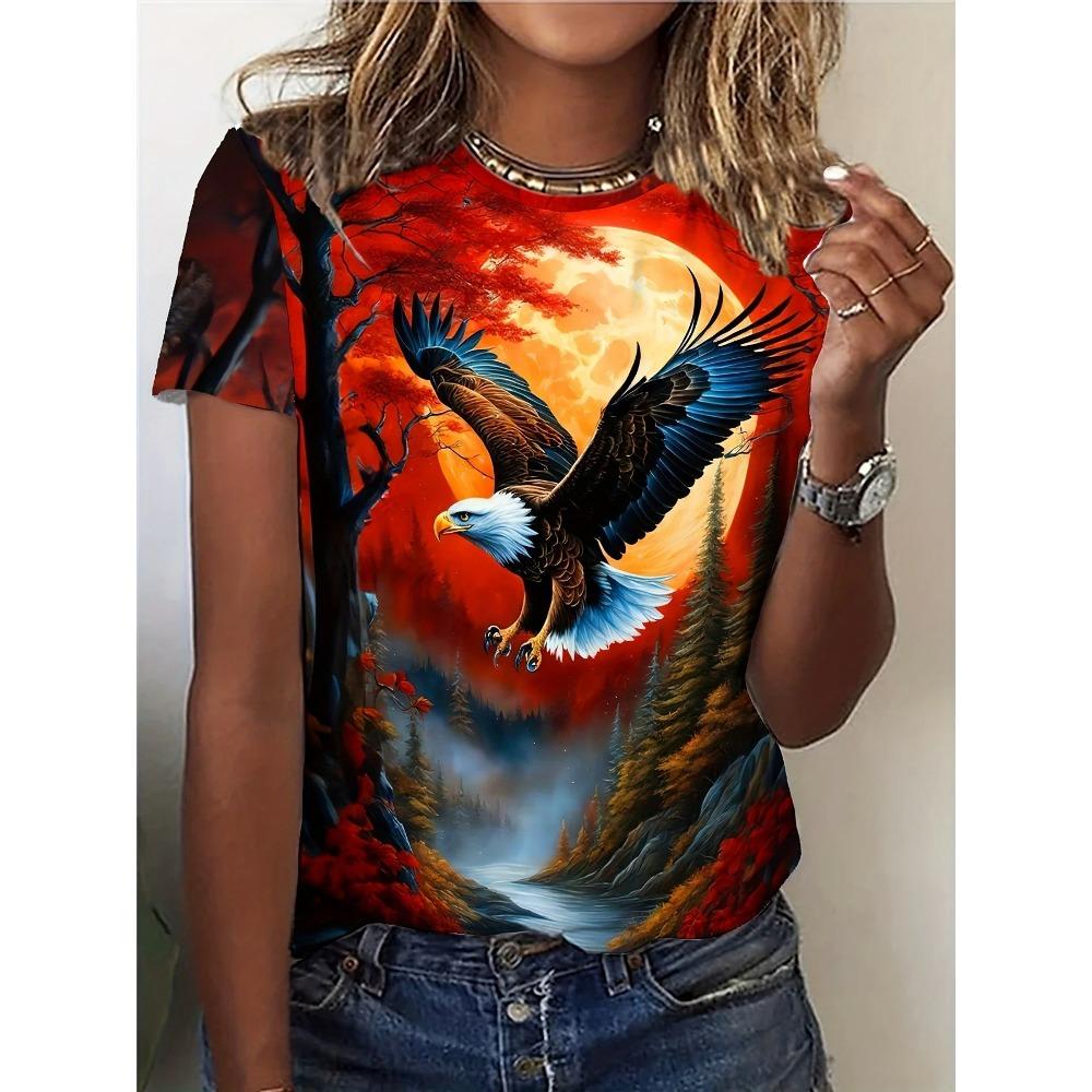 Summer New Women's 3D Digital Print T-shirt Loose Casual Round Neck Short-sleeved Creative Animal Print Top Y2K Streetwear