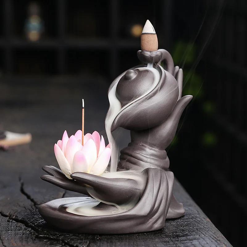 Zen Meditation Relaxation Ręcznie wykonany fioletowy gliniany palnik kadzideł Backflow Palnik kadzideł Lotus Buddha Hand Design - Bez kadzideł