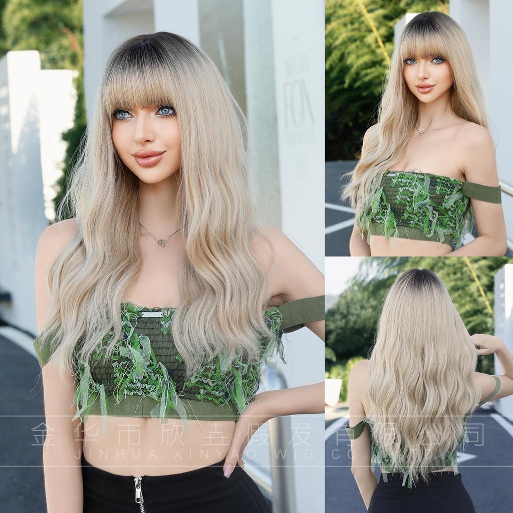 Attention To Ordering Wigs Women's Long Curly Hair In Golden Color With Big Waves Dyed Brown On Top Of Head Fluffy Wool