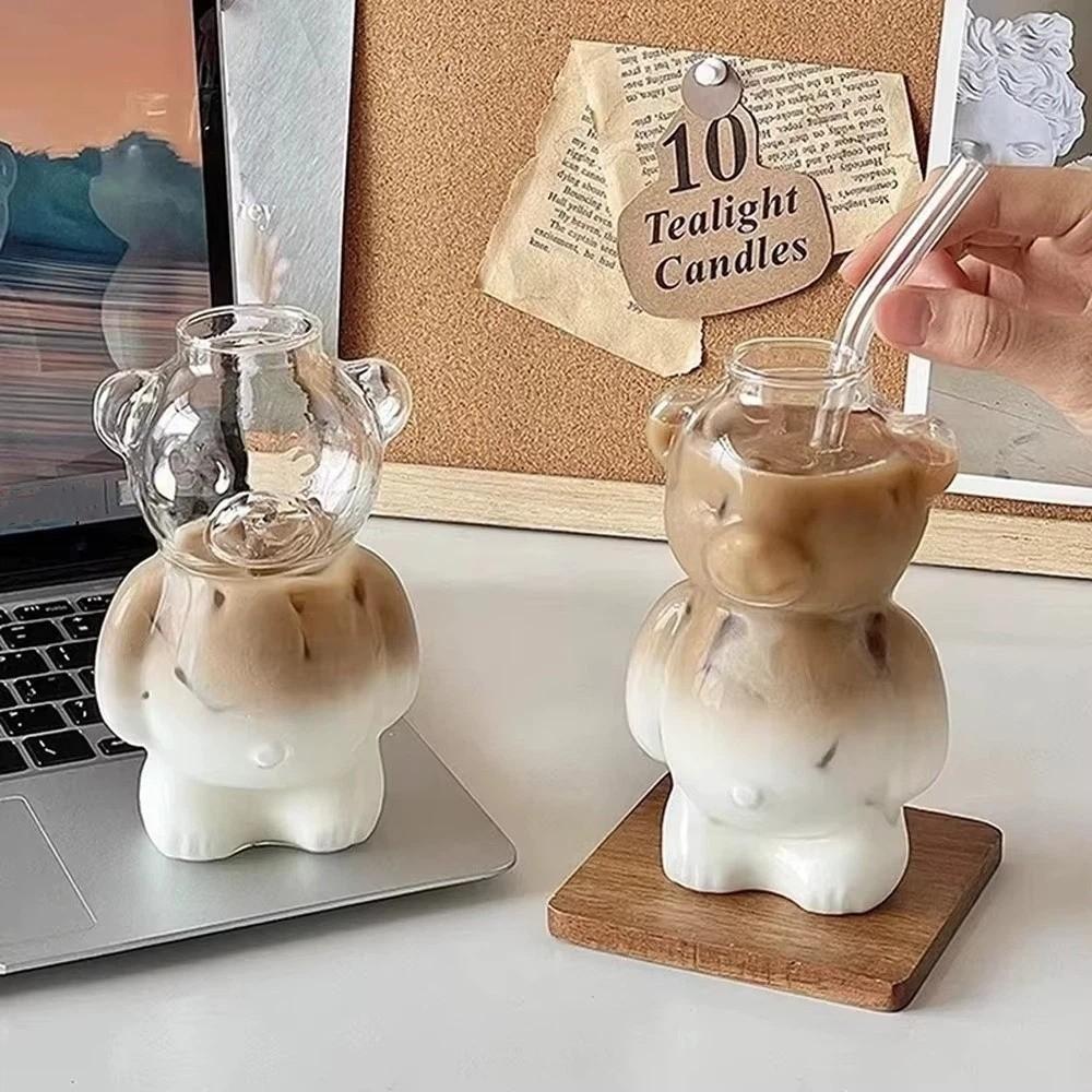 320ML Bear Coffee Mug Large Capacity Milk Tea Straw Cup Multi-purpose Clear Bear Glassware  Water