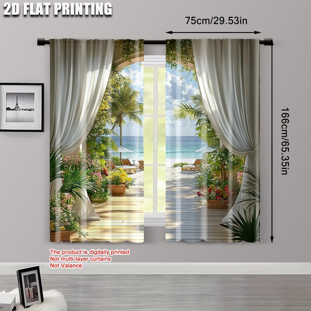 2pcs   Fashionable Curtains 2D print Hawaiian Beach Scene Fabric (without rod) Versatile All for Bedroom   Living Room