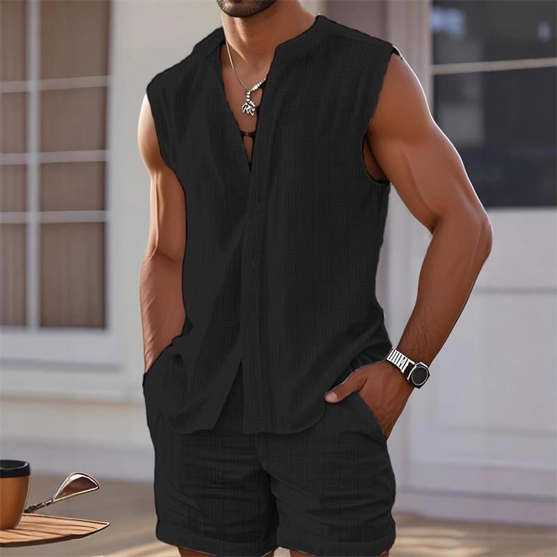 

Summer Men s Vest Shirt Sleeveless Top and Shorts Plaid Two-Piece Set Casual Sleeveless Shorts Hawaiian Beach Set XS чёрный