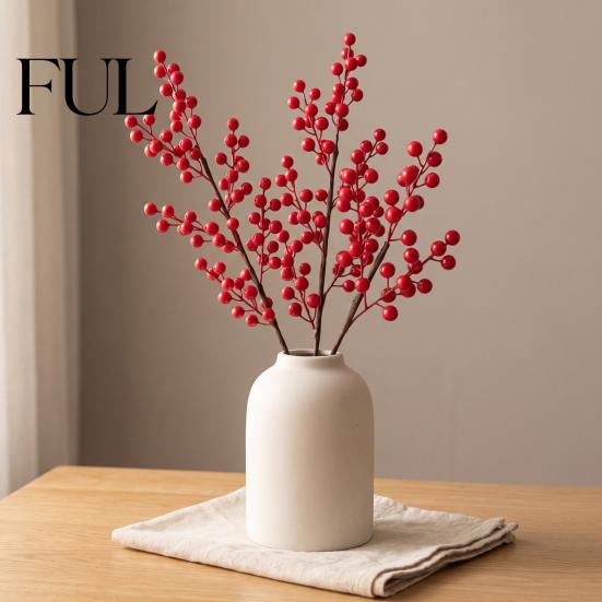 Artificial Holly Berry Branches Red Stems, Christmas Picks for Tree Decor, Realistic Stems Faux Winter Floral Decor Wreath Vase Indoor Home