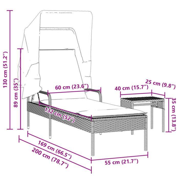 VidaXL Chaise longue avec auvent et table noir résine tressée, lit de bronzage, chaise longue inclinable, lit de jour 368197