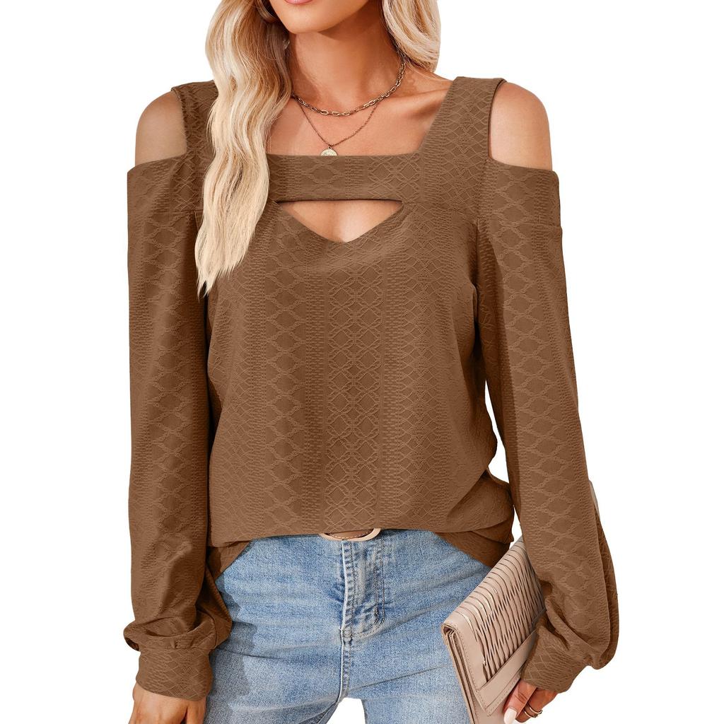 Camicetta da donna primaverile e autunnale senza spalline tinta unita comoda maglietta casual a maniche lunghe ampia