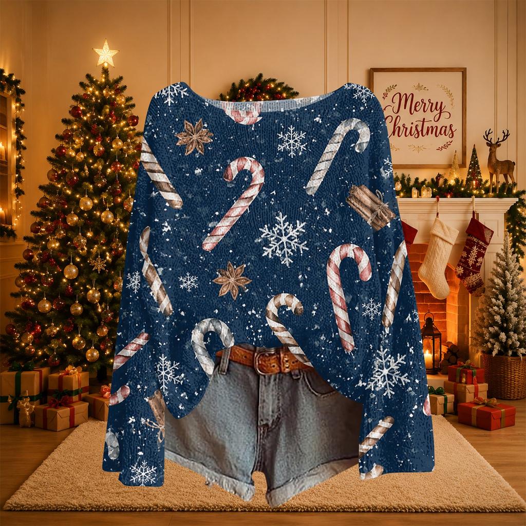 Damen Weihnachtsdruck Leichter Strickpullover Langarm Lässiger Pullover Top