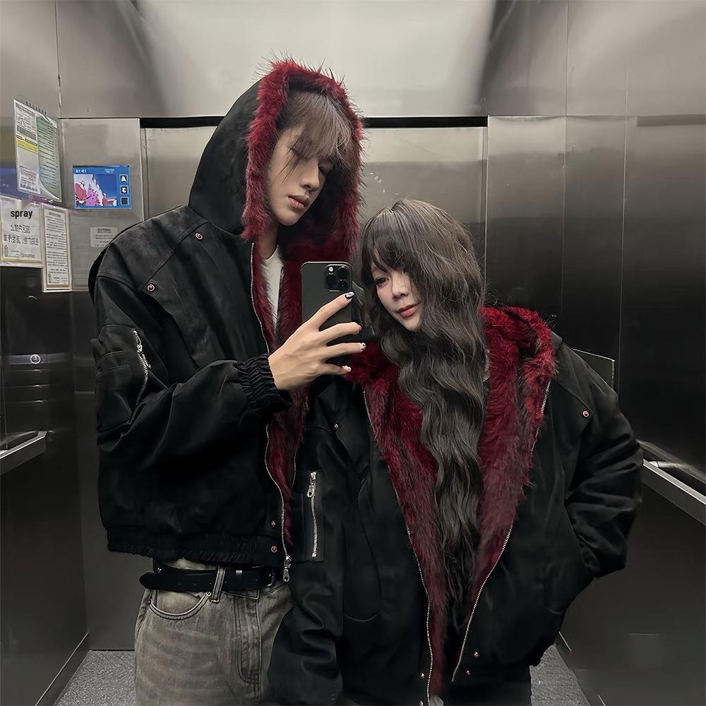 

Men s Retro Red Fur Collar PU Leather Cotton Jacket - Heavyweight, Plus Velvet, Thickened, Warm XL [Recommended for 130-150 lbs]