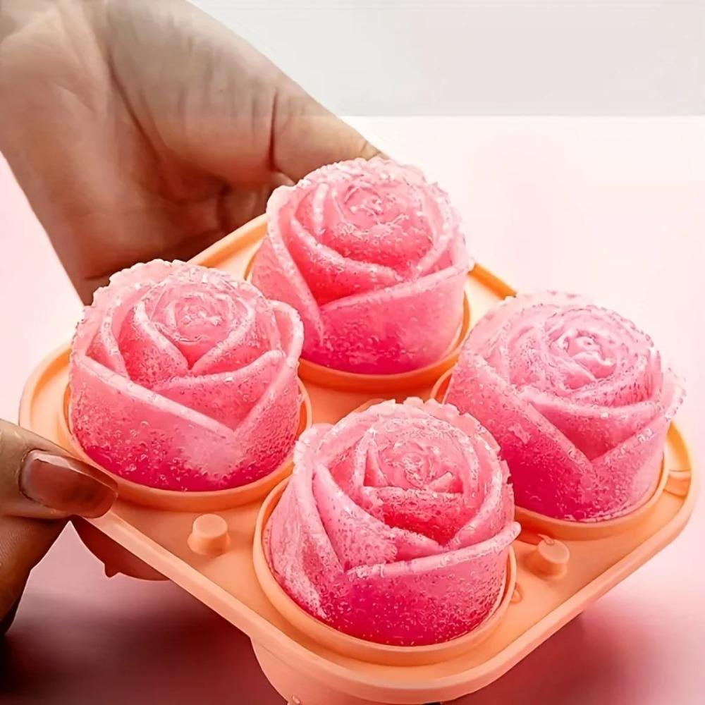 3D-Rosen-Eisformen, große Eiswürfelformen, machen Sie 4 riesige, niedliche Blumen-Form-Eis, lustiger großer Eisball-Maker aus Silikonkautschuk