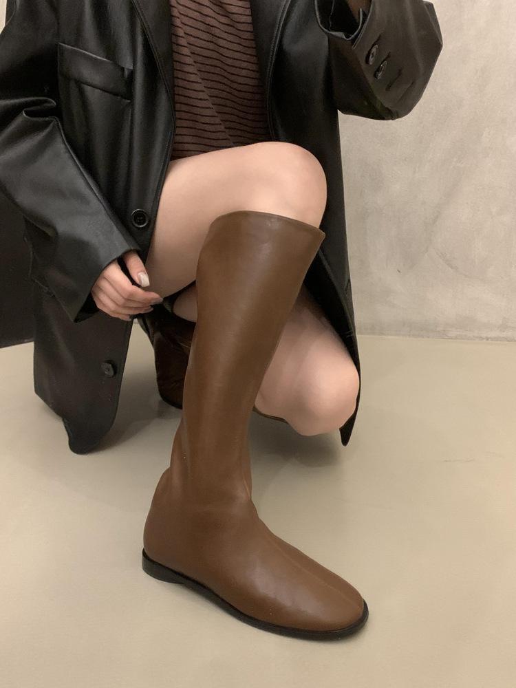 French brown Maillard skinny boots women's shoes 2025 new autumn Korean version boots medium tube knight boots
