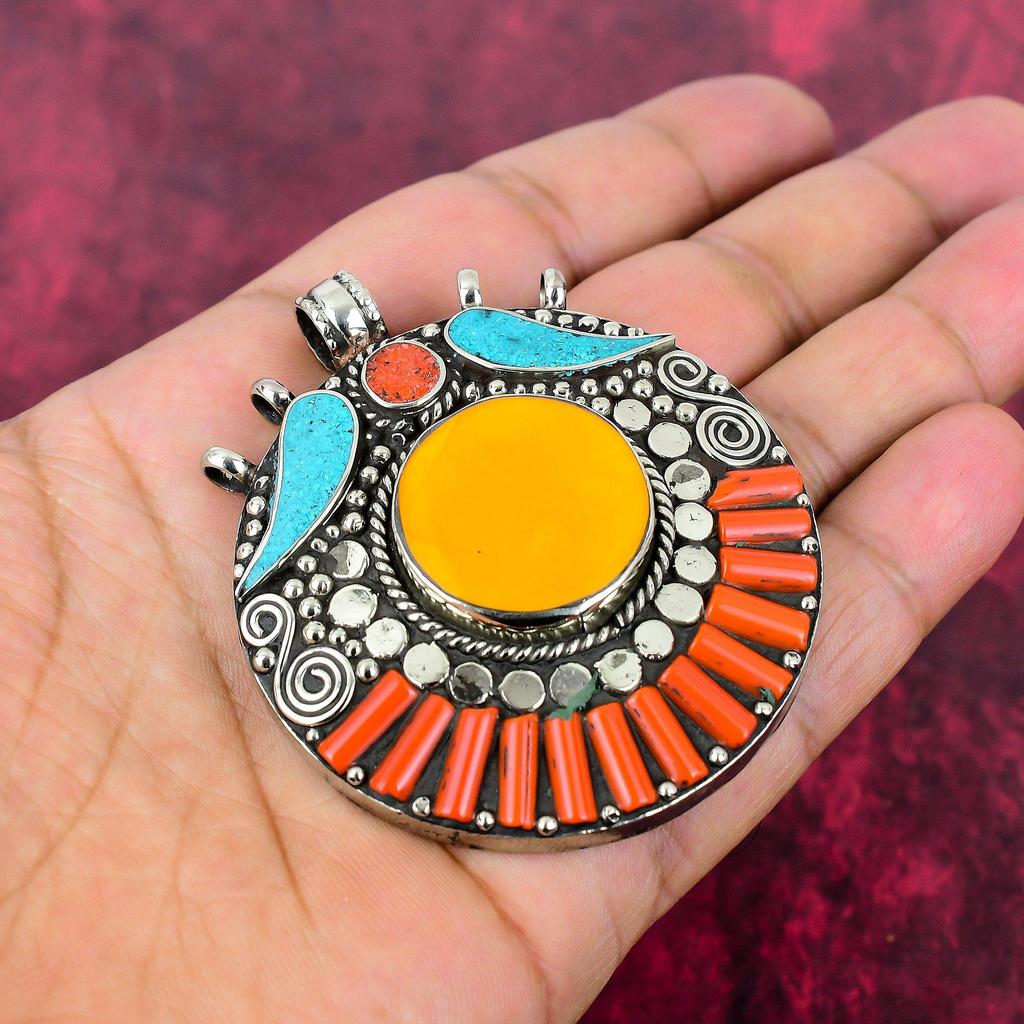 Turquoise & Coral Pendant, 925 Solid Sterling Silver Gemstone Jewelry, Handmade Nepali Pendant, For Thanksgiving